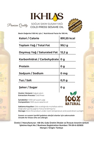 Ikhlas Soğuk Sıkım Susam Yağı 2 x 2 L