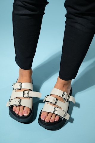 Luvishoes Olava Bej Tokalı Kadın Kalın Tabanlı Terlik Bej