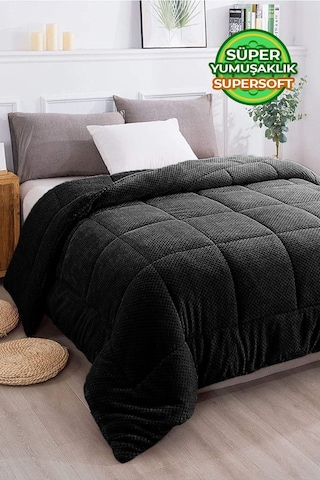 Ultra Yumuşak Çift Taraflı Wellsoft Peluş Yorgan Çift Kişilik Yıkanabilir 200x220 Cm Siyah Siyah