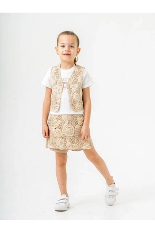 Kız Çocuk Keten Üçlü Şort Etekli Yelekli Takım-15888 Bej