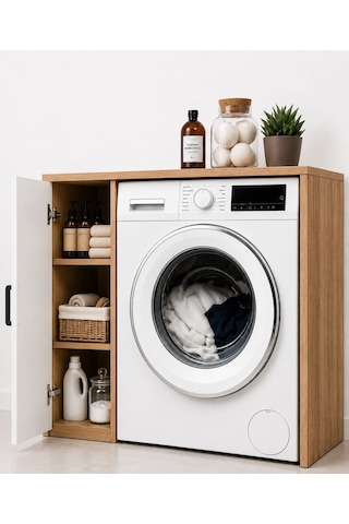 Noa Çamaşır Makinesi Dolabı Çok Amaçlı Banyo Dolabı Raflı Çamaşır Odası Organizeri Depolama Ünitesi Çam