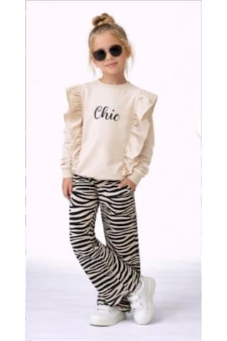 Kız Çocuk "stay Chic" Fırfırlı Sweatshirt Ve Zebra Desenli Takım 50041- Krem