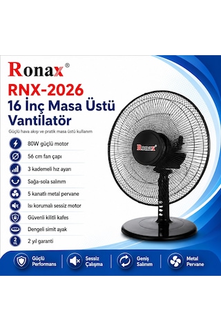 Ronax Rnx-2026 16 İnç Masa Üstü Vantilatör 80w Metal Pervaneli