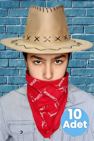 Uniquetrenders Çocuk Unisex Bandanalı 10'lu Nubuk Kovboy Şapkası 8-14 Yaş Koyu Bej 5