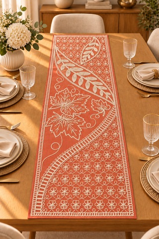 Nakışlı Geometrik Desenli Dekoratif Runner Masa Örtüsü 45x120 Cm Kiremit