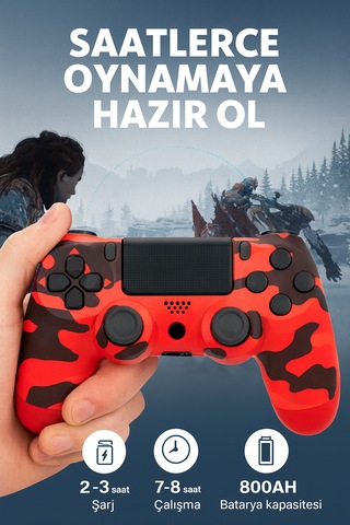 Ps4 Kolu Kablosuz, Şarj Edilebilir, Titreşimli Kırmızı Kamuflaj