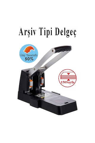 Büyük Delgeç 150 Yaprak Kapasiteli 1 Adet Arşiv Tipi Kollu Delgeç Metal Perfaratör Profesyonel Kağıt Delici Delgec Siyah