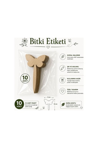 Arliadesign Kişiye Özel Ahşap Bitki Etiketi 10'lu Set / Kelebek Şekilli 3 Mm Ham Mdf Saksı Mini Bahçe Etiketi