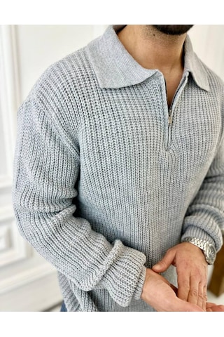 Kazak Oversize Tüylenmez Naturel Pamuk Fermuarlı Polo Yaka Örme Triko Kazak Gri