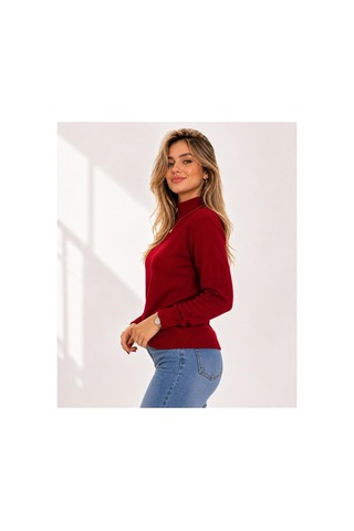 Hira Life Fashion Kadın Şık Tasarım Ve Yumuşak Dokulu Dik Yaka Triko Basic Kazak Bluz Bordo Bordo