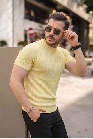 Veraura Lifestyle Erkek Örgü Desen Bisiklet Yaka Triko Tişört - %100 Pamuk Akrilik Açık Sarı