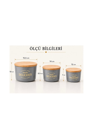 3 Lü Kapaklı Retro Dizayn Saklama Kabı Seti, Bambu Kapaklı, Mika Erzak Saklama Kabı, Bpa, Silikon Contalı Saklama Kutusu Füme Gri