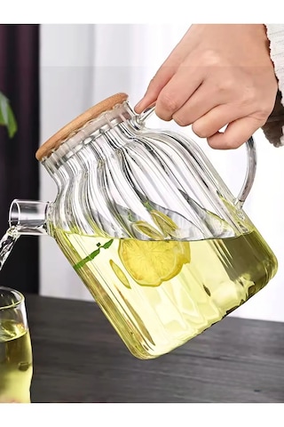 Vakumlu Bambu Kapaklı Isıya Dayanıklı Borosilikat Cam Demlik 1800ml Şeffaf