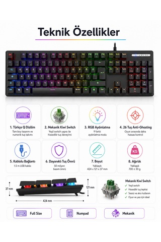 Türkçe Q Mekanik Gaming Klavye Kl-138 Rgb Aydınlatmalı Numpadli Kablolu Oyuncu Klavyesi