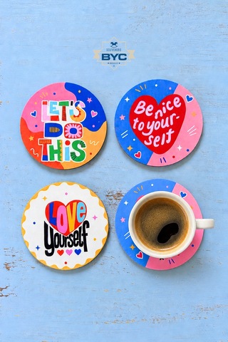 Love Yourself Pop Art 4 Lü Bardak Altlığı Seti, 9 Cm, 3 Mm Mdf, Uv Baskı Çok Renkli