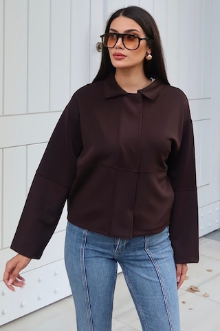 Kechi Woman Dalgıç Kumaş Gömlek Yaka Gizli Düğmeli Crop Ceket Kahverengi