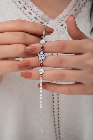 Papatya Silver Nazargöz Papatya Uğur Böceği Renkli Mineli Rodyum Kaplama 925 Ayar Gümüş Bileklik - UVPS200159