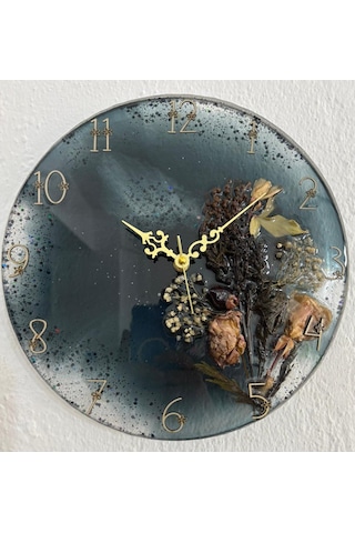 Pelince - Kuru Gül Ve Doğal Çiçekli - Siyah - Epoksi Duvar Saati Özel Tasarım - Tek Üretim - 30 Cm Siyah