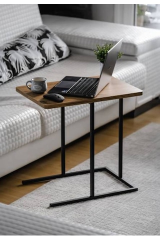 Metal Yan Sehpa Ahşap Raflı Koltuk Yanı Servis Sehpası C Sehpa