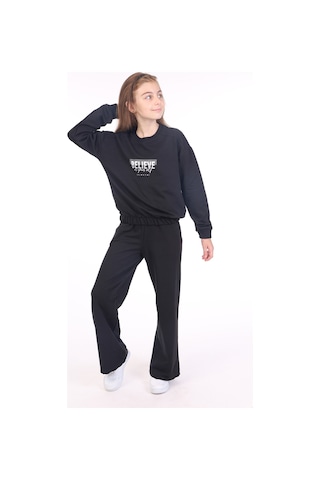 Toontoy Kids Toontoy Kız Çocuk 2'li Takım Baskılı Bisiklet Yaka Sweatshirt & Beli Lastikli Bol Paça Eşofman Altı - 2 İplik Siyah