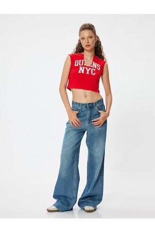 Koton Crop Üst V Yaka Slogan Baskılı Kolsuz Slim Fit Kırmızı 4sal30325ık Kırmızı