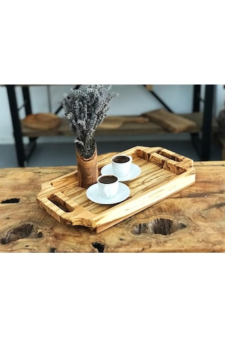 Zethome Zeytin Ağacı Ahşap Kulplu Çay Tepsisi
