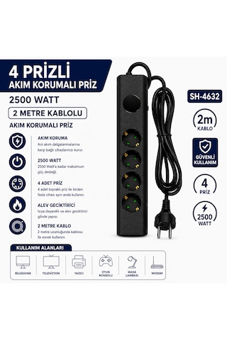 Sh-4632 4 Lü Akım Korumalı Priz 2500w 2 Metre Kablolu Anahtarlı Topraklı Çoklu Grup Priz Uzatma Kablosu 2 M