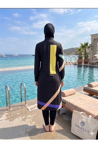 Modenya Arias Closet Geometrik Desenli Siyah Tam Kapalı Spor Likralı Fermuarlı Tesettür Mayo Takımı Siyah