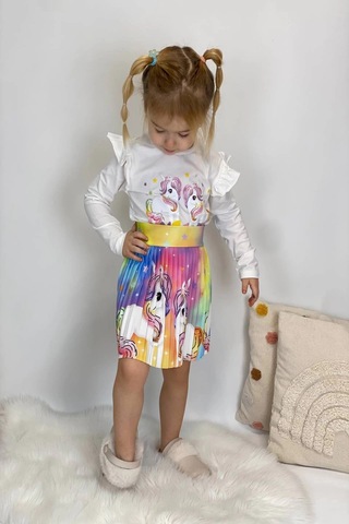 Unicorn Desenli Renkli Kız Çocuk Etekli Takım Kahverengi