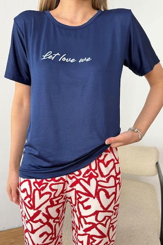 Giysa Kadın Bisiklet Yaka Desenli Kısa Kollu Pijama Takımı Lacivert - 26y 2601