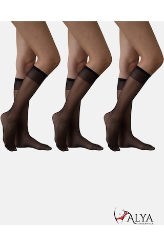 Alya Underwear Kadın Parlak Diz Altı Çorap 15 Denye, İnce Fit - 3'lü Paket Siyah 50 3'lü
