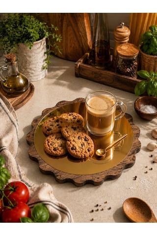 Famwoodart Büyük Boy Gold Papatya Ahşap Sunumluk ,supla ,nihale ,kahvelik ,pasta Ve Kek Standı,aynalı %100 Çam Altın - Kahverengi