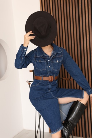 Kene Jeans Lacivert Kemerli Uzun Kol Çıtçıt Kapamalı Ön Yırtmaçlı Etek Püsküllü Elbise Lacivert