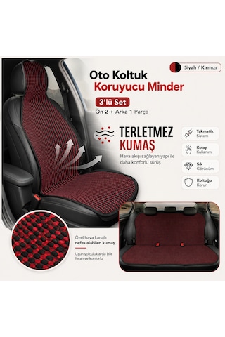 Oto Koltuk Koruyucu Minder 3 Lü Set Terletmez Kumaş Ön 2 Arka 1 Parça Siyah - Kırmızı