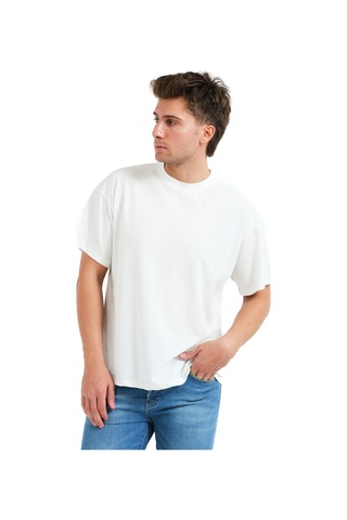 Justever 100% Pamuk Oversize Fit Bisiklet Yaka Ekru Erkek T-shirt - Alpha Ekru