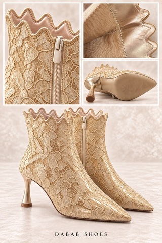 Dabab Shoes Mona Kadın Gold Dantel İşlemeli Sivri Burun Sıcak Astarlı Fermuarlı 7 Cm İnce Topuklu Bot Bootie Altın
