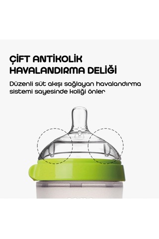 Antikolik Silikon Biberon 2'li 250ml Yeşil- Orta Akışlı 3-6 Ay
