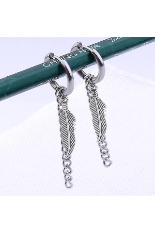 Samdoo Erkekler İçin Gümüş Renkli Tüy Pendanlı Vintage Metal Çember Küpe - Deliksiz Tasarım, Konforlu Taşım, Paslanmaz Çelik Malzeme Diğer