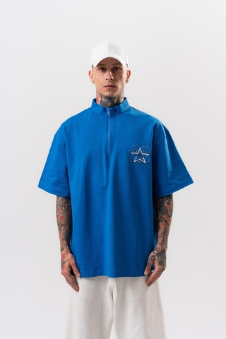Respire Erkek 22 Baskılı Yarım Fermuarlı Oversize T-shirt Mavi