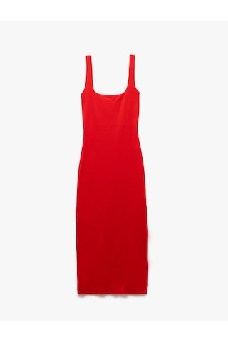 Koton Koton X Sibil Çetinkaya - Pamuklu Yırtmaç Detaylı Slim Fit Kare Yaka Askılı Elbise Kırmızı 5sak80080pk