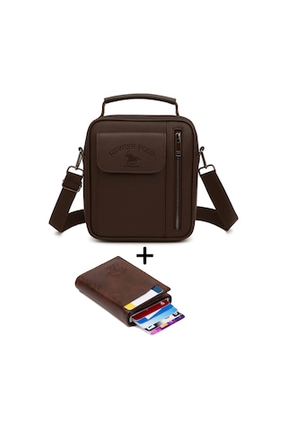 Newish Polo Erkek Mekanizmalı Cüzdan Ve Deri Kapaklı Omuz El Çantası 17x22cm - New337 Kahverengi