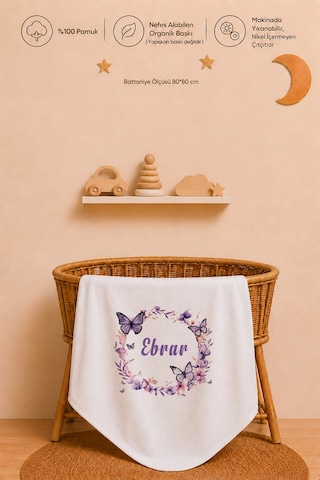 Kız Bebek Hediyesi İsme Özel 80x80 Cm Çift Kat Penye Bebek Battaniyesi %100 Pamuk Ham Bez Kıyafet Keseli 1043bkyx Ekru