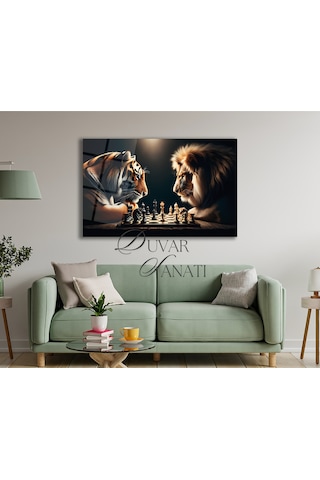 Aslan Ve Kaplan Satranç Cam Tablo Modern Ev Ofis Salon Hediyelik Büyük Tablo Duvar Dekoru