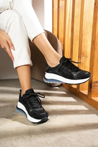 Shoetek Rosalie Kadın Sneakers Bağcıklı Spor Ayakkabı Siyah Deri Siyah