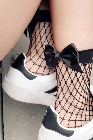 Heleni Kadın File Desenli Siyah Fiyonklu Siyah Soket Çorap Siyah