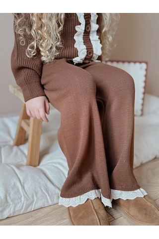 Miniko Kids Kız Çocuk Hırkalı Güpürlü Düğmeli Triko Takım Kahverengi