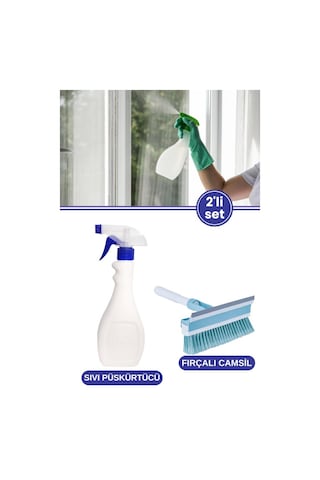 Tigerli Sıvı Püskürtücü Ve Fırçalı Camsil Seti, Spreyli Temizlik Şişesi 1000ml + Oto Camsil 21cm