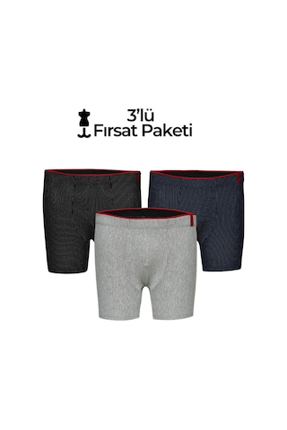 Weweus Siyah Lacivert Gri 3'lü Pamuk Elastan Çizgili Boxer 14923 Siyah - Lacivert - Gri