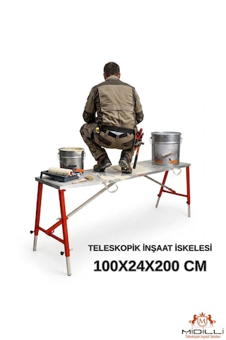 Alüminyum Gövdeli Çelik Ayaklı Teleskopik Katlanır İnşaat İskelesi - 400 Kg Taşıma Kapasitesi 100x24x200cm
