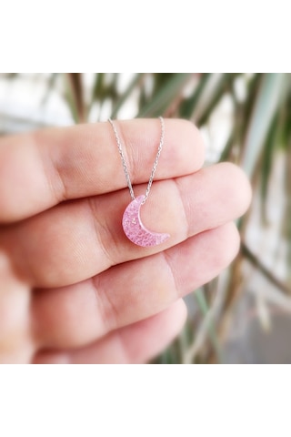 Gümüş Pembe Buzlu Taş Ay Kolye G797Klt2 Altınsepeti